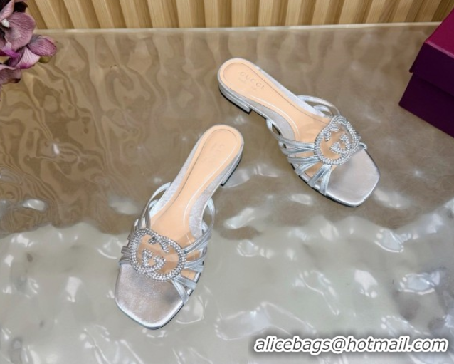 Durable Gucci calfskin leather flat slides sandal with strass interlocking g silver 2026 8523570