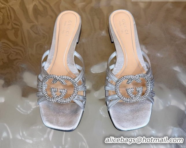 Durable Gucci calfskin leather flat slides sandal with strass interlocking g silver 2026 8523570