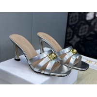 Pretty Style Dior Or 30M Heeled Slides Sandal 8cm in Calfskin Leather with CD Pearl Silver 0302078