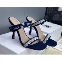 Unique Style Dior Dentelle Bow Heeled Slides Sandal 9.5cm in Oblique Embroidered Cotton and White Lace Blue 0302079