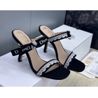Popular Style Dior Dentelle Bow Heeled Slides Sandal 9.5cm in Oblique Embroidered Cotton and White Lace Black 2026 03020