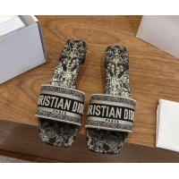 Durable Dior Dway Heeled Slides Sandal 4.5cm in Cotton Embroidered with Metallic Thread and Black and Gold-Tone Floral M