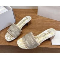 Grade Dior Dway Heeled Slides Sandal 4.5cm in Cotton Embroidered with Strass Gold 0302109