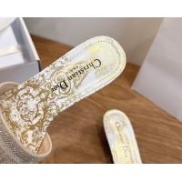 Grade Dior Dway Heeled Slides Sandal 4.5cm in Cotton Embroidered with Strass Gold 0302109