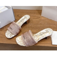 Cheap Price Dior Dway Heeled Slides Sandal 4.5cm in Cotton Embroidered with Strass Pink 0302111
