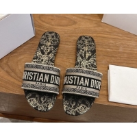 Sophisticated Dior Dway Flat Slides Sandal in Cotton Embroidered with Metallic Thread and Black and Gold-Tone Floral Mot