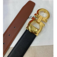 Inexpensive Ferragamo Men's Belt 3.5cm in Reversible Palm-Grained and Brown Smooth Leather Shiny 15018 Black/Gold
