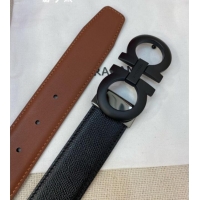 Super Quality Ferragamo Men's Belt 3.5cm in Reversible Palm-Grained and Brown Smooth Leather Matte 15018 All Black