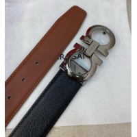 Top Grade Ferragamo Men's Belt 3.5cm in Reversible Palm-Grained and Brown Smooth Leather 15019 Black/Shiny Gunmetal