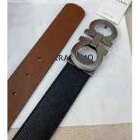 Well Crafted Ferragamo Belt 3.5cm in Reversible Palm-Grained Leather 0615 Clay Brown/Black/Brushed Gunmetal
