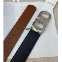 Shop Grade Ferragamo Belt 3.5cm in Reversible Palm-Grained Leather 0615 Clay Brown/Black/Brushed Silver