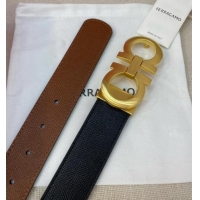 New Cheap Ferragamo Belt 3.5cm in Reversible Palm-Grained Leather 0615 Clay Brown/Black/Brushed Gold