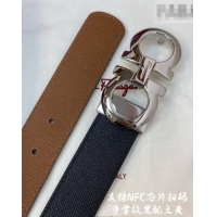 Grade Quality Ferragamo Belt 3.5cm in Reversible Palm-Grained Leather 0615 Clay Brown/Black/Shiny Silver