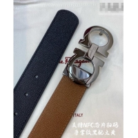 Luxurious Ferragamo Belt 3.5cm in Reversible Palm-Grained Leather 0615 Clay Brown/Black/Shiny Gunmetal