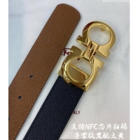 Most Popular Ferragamo Belt 3.5cm in Reversible Palm-Grained Leather 0615 Clay Brown/Black/Shiny Gold