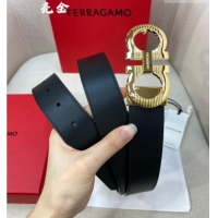 Top Design Ferragamo Belt 3.5cm in Reversible Smooth Leather with Embossed Buckle 0615 Black/Shiny Gold