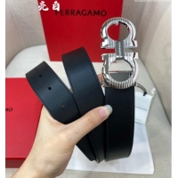 Cheapest Ferragamo Belt 3.5cm in Reversible Smooth Leather with Embossed Buckle 0615 Black/Shiny Silver