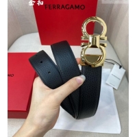 Well Crafted Ferragamo Belt 3.5cm in Reversible Litchi-Grained Leather 0615 Black/Coffee Brown/Shiny Gold