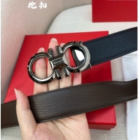 Discount Ferragamo Belt 3.5cm in Reversible Litchi-Grained Leather 0615 Black/Coffee Brown/Shiny Gunmetal