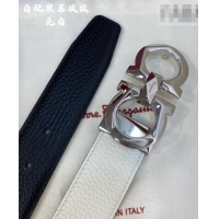 Buy Inexpensive Ferragamo Belt 3.5cm in Reversible Litchi-Grained Leather 0615 Black/White/Shiny Silver
