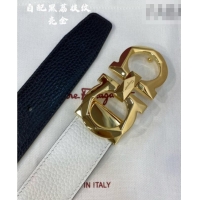 New Fashion Ferragamo Belt 3.5cm in Reversible Litchi-Grained Leather 0615 Black/White/Shiny Gold