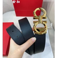 Market Sells Ferragamo Belt 3.5cm in Reversible Litchi-Grained and Smooth Leather 0615 Black/Shiny Gold