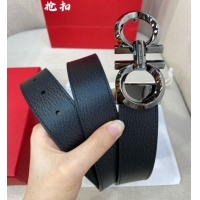 High Quality Ferragamo Belt 3.5cm in Reversible Litchi-Grained and Smooth Leather 0615 Black/Shiny Gunmetal