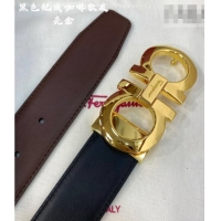 Luxury Classic Ferragamo Belt 3.5cm in Reversible Soft Leather 0615 Black/Light Coffee/Shiny Gold