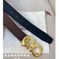 Good Product Ferragamo Belt 3.5cm in Reversible Soft Leather 0615 Black/Light Coffee/Brushed Gold