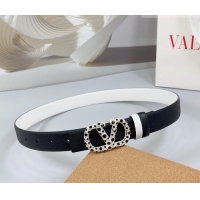 Super Quality Valentino VLogo Grained Calfskin Leather Belt 3cm with Stone Buckle 0108 Black/White 2025