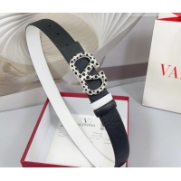 Super Quality Valentino VLogo Grained Calfskin Leather Belt 3cm with Stone Buckle 0108 Black/White 2025