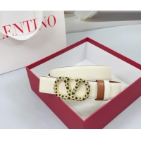 Best Quality Valentino VLogo Grained Calfskin Leather Belt 3cm with Stone Buckle 0108 White/Brown 2025
