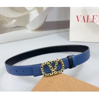 Luxury Cheap Valentino VLogo Calfskin Leather Belt 3cm with Stone Buckle 0108 Blue/Black 2025