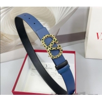 Luxury Cheap Valentino VLogo Calfskin Leather Belt 3cm with Stone Buckle 0108 Blue/Black 2025