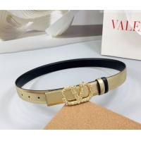 Luxury Cheap Valentino VLogo Calfskin Leather Belt 3cm with Strass Buckle 0108 Gold/Black 2025