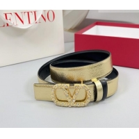 Luxury Cheap Valentino VLogo Calfskin Leather Belt 3cm with Strass Buckle 0108 Gold/Black 2025