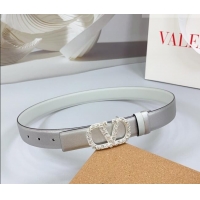 Best Price Valentino VLogo Calfskin Leather Belt 3cm with Strass Buckle 0108 Silver/White 2025