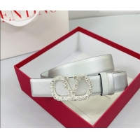 Best Price Valentino VLogo Calfskin Leather Belt 3cm with Strass Buckle 0108 Silver/White 2025