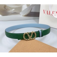 Luxury Cheap Valentino VLogo Calfskin Leather Belt 3cm with Stone Buckle 0108 Green/Blue 2025