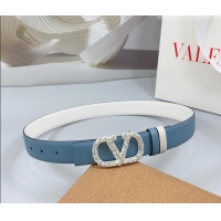 Luxury Cheap Valentino VLogo Calfskin Leather Belt 3cm with Strass Buckle 0108 Light Blue 2025