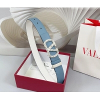 Luxury Cheap Valentino VLogo Calfskin Leather Belt 3cm with Strass Buckle 0108 Light Blue 2025
