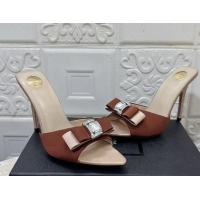 Best Product Saint Laurent Satin Heel Slides Sandal 10.5cm with Bow Brown 2026 SL022402