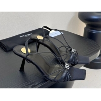 Good Quality Saint Laurent Jerry Heel Sandals 8cm in Satin with Strap Black 2026 SL022403