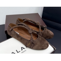 Shop Duplicate Alaia Architectura Ballet Flats in Suede with Strap Dark Brown 2025 AL020701