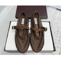 Good Quality Alaia Ballet Flats in Fishnet and Suede with Strass Dark Brown AL020702