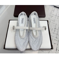 Pretty Style Alaia Ballet Flats in Fishnet and Suede with Strass White AL020702