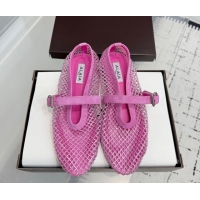 Best Grade Alaia Ballet Flats in Fishnet and Suede with Strass Pink AL020702