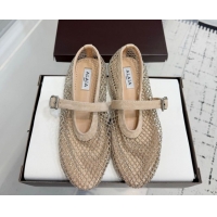 Luxurious Alaia Ballet Flats in Fishnet and Suede with Strass Beige AL020702