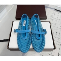 Most Popular Alaia Ballet Flats in Fishnet and Suede with Strass Sky Blue AL020702