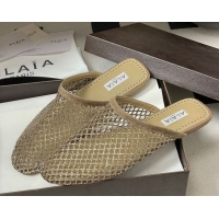 Top Grade Alaia Flat Mules in Fishnet and Suede with Strass Beige 2025 AL020703